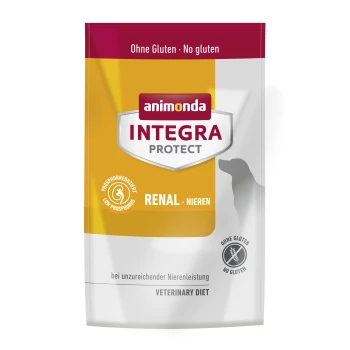 Animonda Integra Protect Renal Hundefutterverpackung mit den Aufschriften "Kein Gluten" und "Niedriger Phosphor", mit einer Silhouette eines Hundes.