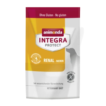 Animonda Integra Protect Renal hondenvoer verpakking, met 'Geen gluten' en 'Laag fosfor' labels, met een silhouet van een hond.