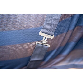 Nahaufnahme eines blauen Haustiergeschirrs mit einer silbernen Schnalle, die mit "EQUINATE" graviert ist, und einem strapazierfähigen Mesh-Design.