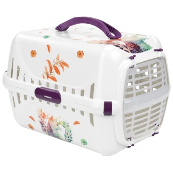 A stylish pet carrier with a white body adorned with colorful floral designs, featuring a purple handle and secure latch.
