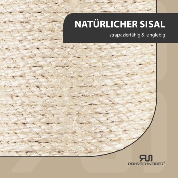 Nahaufnahme der natürlichen Sisalseilstruktur mit deutschem Text „NATÜRLICHER SISAL strapazierfähig & langlebig“ und Rohrschnieder-Logo.