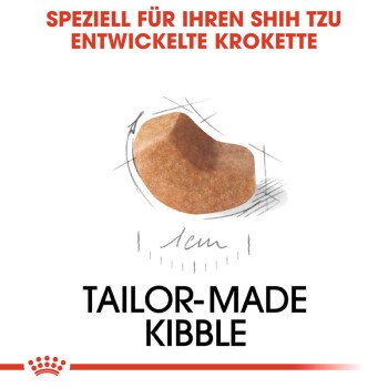 Maßgeschneiderte Kroketten für Shih Tzus, mit einer Abbildung eines einzelnen Krokettenstücks und dem Text "SPEZIELL FÜR IHREN SHIH TZU ENTWICKELTE KROKETTE."