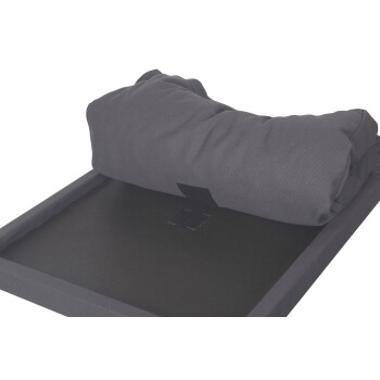 Graues Haustierbett mit abnehmbarem Kissen, mit strukturiertem Boden und Klettverschluss für Stabilität.