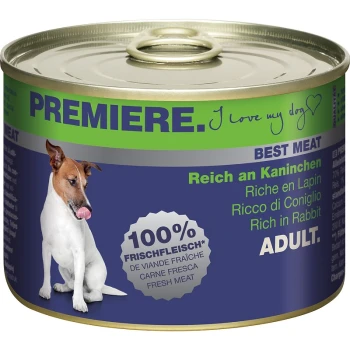 Dose Hundefutter mit der Aufschrift 'Premiere' und einem Hund, der sich die Lippen leckt, mit dem Text '100% Frisches Fleisch' und 'Reich an Kaninchen' in mehreren Sprachen.