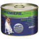 Dose Hundefutter mit der Aufschrift 'Premiere' und einem Hund, der sich die Lippen leckt, mit dem Text '100% Frisches Fleisch' und 'Reich an Kaninchen' in mehreren Sprachen.