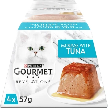 Pack of Purina Gourmet Revelations cat food featuring mousse with tuna and cascading gravy, with a white cat's face on the front.