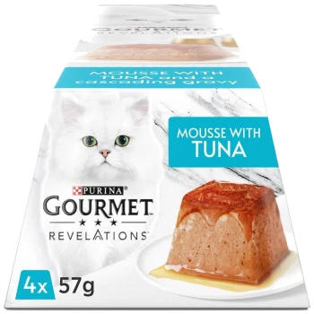 Pack of Purina Gourmet Revelations cat food featuring mousse with tuna and cascading gravy, with a white cat's face on the front.