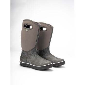 Graue Gummistiefel mit floralem Muster und strukturiertem Boden, mit seitlichen Griffen für einfaches Anziehen.