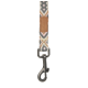 Pet leash with geometric pattern in gray, pink, and beige, featuring a metal swivel clip and a brown leather tag with "moro" text.
