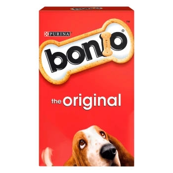 Box of Purina Bonio dog treats, featuring a cartoon bone logo and the text "the original," with a close-up of a dog's face.