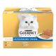 Boîte de nourriture Purina Gourmet Gold pour chats avec chat blanc à poils longs, assiette de mousse, texte : Gourmet, Gold, Les Mousselines • Mousse