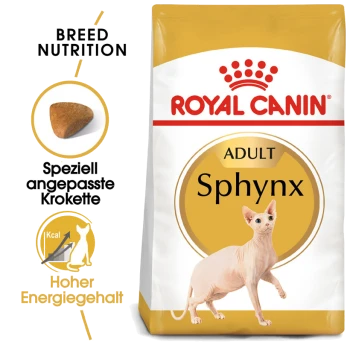Royal Canin Sphynx Hundefutterverpackung mit einer Illustration einer Sphynx-Katze, mit Text, der die Rassenernährung und den hohen Energiegehalt hervorhebt.