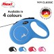 Blue flexi dog leash with a circular design and a silhouette of a dog, labeled "NEW CLASSIC" and "Available in 4 colours."
