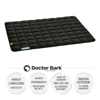 Schwarze Tiermatte mit gestepptem Design, beschriftet mit 'Doctor Bark', mit Text über Haltbarkeit, Hygiene, Waschbarkeit und Allergietauglichkeit.