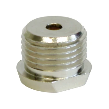 Metallische Haustier-Wasserflaschenkappe mit gewindebeschichteten Kanten und einem zentralen Loch, entworfen für sichere Befestigung und einfaches Ausgießen.