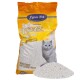 Tüte Lyra Pet White Katzenstreu mit einem Bild einer grauen Katze und dem Text 'Bentonit Katzenstreu' und 'Extra Weiß', mit einem Streuhaufen davor.