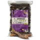 Getrocknete Entenhälse in einer klaren Tüte, beschriftet mit "Entenhälse" mit lila Akzenten, mit "Premium Kaninartikel" und "100% Naturprodukt."