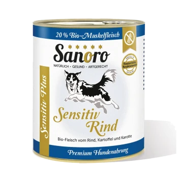 Dose mit Sanoro Sensitiv Rind Hundfutter, die eine schwarz-weiße Hundillustration zeigt, gekennzeichnet als Bio-Rindfleisch mit Kartoffeln und Karotten.