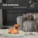 Ein gemütlicher Hund ruht auf einem gewebten Haustierbett in einem stilvollen Wohnzimmer mit einem modernen Sofa. Der Text lautet "ZUM AUSRUHEN" und "zum Kuscheln und Entspannen."