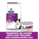 Hill's Prescription Diet Thyroid Care y/d für Katzen, mit einer Tüte Trockenfutter und einer Dose Nassfutter, mit einem Katzenbild und Werbetext.