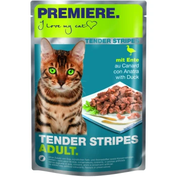 Tender Stripes Ente 28x85 g Verpackung für Katzenfutter mit einer Bengal-Katze mit grünen Augen, beschriftet mit "Tender Stripes Adult" mit Ente, und Text in mehreren Sprachen.