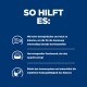 Blauer Hintergrund mit weißem Text: "SO HILFT ES:" gefolgt von drei Punkten zu den Vorteilen von Haustierfutter: Energiedichte, Geschmack und Immunsupport.