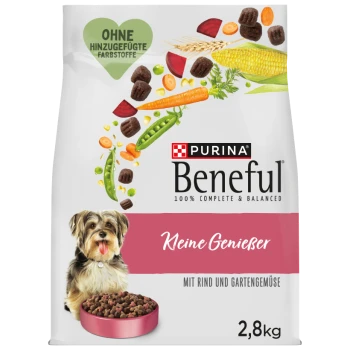 Purina Beneful 2,8 kg Hundefutter-Sack mit kleinem Hund und Futternapf, Gemüse; sichtbarer Text „Ohne hinzugefügte Farbstoffe“, „Kleine Genießer“, „Mit Rind und Gartengemüse“.