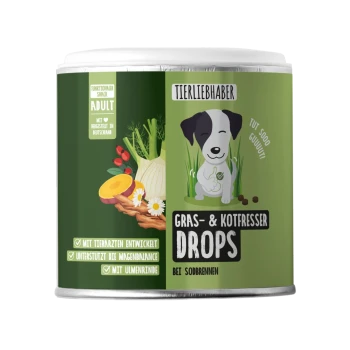 Grüner Behälter mit der Aufschrift 'Gras & Kotfresser Drops' von Tierliebhaber, enthält 350 g (ca. 150 Tropfen) zur Haustierpflege.
