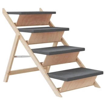 Holz-Haustiertreppe mit vier Stufen, mit grauen gepolsterten Tritten für Komfort und Stabilität.
