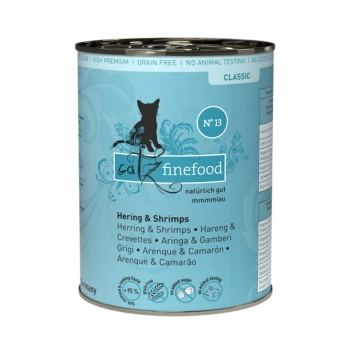 Dose von Catz Finefood Classic Nr. 13, mit Hering und Garnelen, im hellblauen Design und mit einer Silhouette einer Katze.