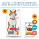 Sac sec Hill's Science Plan Sterilised Cat avec chat roux et blanc et poche humide étiquetée « Morceaux premium en sauce. »