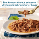 Zerkleinertes Nassfutter in Sauce auf einem weißen Teller, eine Gabel hebt Stücke an, Basilikumblatt; deutsche Überschrift über Streifen und leckere Sauce.