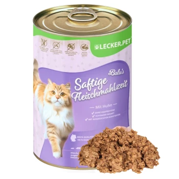 Eine Dose Katzenfutter mit dem Etikett "Balus Saftige Fleischmahlzeit mit Huhn" mit einer flauschigen orangefarbenen Katze und einer angezeigten Futterportion.