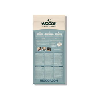 Rückseite einer creme-türkisfarbenen WOOOF-Hundefuttertüte mit Logo 'WOOOF', Slogan 'Oh my dog, that's goood.' und sichtbarer WOOOF.COM