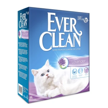 Lavender 6 l Ever Clean Lavender Katzenstreu-Box mit einer weißen flauschigen Katze, mit Text, der "Super Premium Klumpen" und "Extreme Geruchsbeseitigung" hervorhebt.