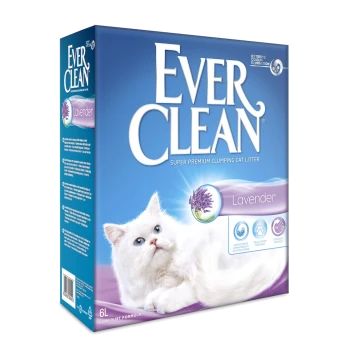 Ever Clean Lavender Katzenstreu-Box mit einer weißen flauschigen Katze, mit Text, der "Super Premium Klumpen" und "Extreme Geruchsbeseitigung" hervorhebt.