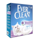 Bac à litière pour chat Ever Clean Lavender avec un chat blanc duveteux, avec un texte mettant en avant "Super Premium Clumping" et "Extreme Odor Elimination."