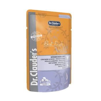 Dr. Clauder's Best Pearls No. 02 Premium-Katzenfutterbeutel mit Huhn und Ente, mit mehrsprachigem Text und einem "Hergestellt in Deutschland"-Label.