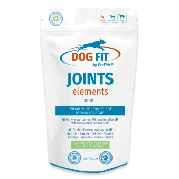 Weißer wiederverschließbarer Beutel: DOG FIT by PreThis, 'JOINTS elements small' Premium-Gelenkpflege, Hundelogo und '100% frei von Zusatzstoffen'