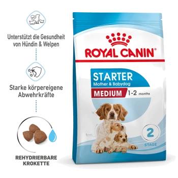 Royal Canin Starter Hundefutter für mittelgroße Rassen, geeignet für Mütter und Welpen im Alter von 1-2 Monaten, mit rehydratierbarem Futter.