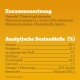 Zutaten und analytische Bestandteile von Tierfutter auf Deutsch, einschließlich Protein 20,3 %, Fett 10,3 %, Feuchtigkeit 14 %, Omega-3 601 mg/kg.