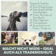 Ein großer Hund am See mit kleineren Hunden. Der Text betont die Vorteile für gestresste Hunde: "Macht nicht müde - ideal als Trainingshilfe."