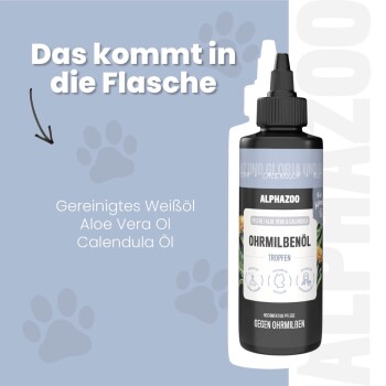 ALPHAZOO Ohrmilben-Öl für Haustiere in umweltfreundlicher Verpackung, hergestellt mit Mandel, Aloe Vera und Kamille, geeignet für alle Rassen.