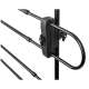 Nahaufnahme einer schwarzen Metall-Haustierpflege-Tischklemme, mit verstellbaren Stangen und einem Verriegelungsmechanismus für Stabilität.