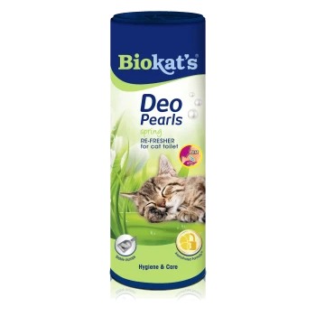 Biokat's Deo Pearls Frühling, ein Katzenklo-Erfrischer, mit einer schlafenden Katze auf dem Etikett, mit Text, der Hygiene und Pflege hervorhebt.