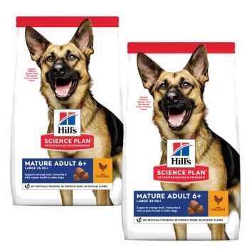 Hill's Science Plan Mature Adult 6+ Hundefutter, groß 25 kg, mit einem Deutschen Schäferhund auf der Verpackung, unterstützt Energie, Immunität und Organ-Gesundheit.