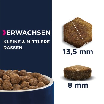 Karma dla psów małych i średnich ras, z rozmiarami krokietów 13,5 mm i 8 mm, z napisem 'ERWACHSEN KLEINE & MITTLERE RASSEN.'