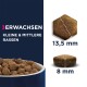 Karma dla psów małych i średnich ras, z rozmiarami krokietów 13,5 mm i 8 mm, z napisem 'ERWACHSEN KLEINE & MITTLERE RASSEN.'