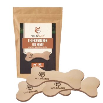 Ein Paket von "WILDFANG LEDERKNOCHEN FÜR HUNDE" Lederkauartikeln für mittelgroße Hunde (15-25 kg) mit mehreren knochenförmigen Leckereien.