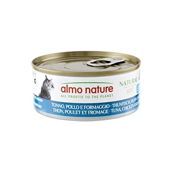 Boîte de nourriture pour animaux Almo Nature ; « TOUS LES BÉNÉFICES POUR LA PLANÈTE » et saveur « thon, poulet & fromage ».